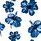 Navy Hibiscus Set. Azure Seamless Illustration. Blue Flower Texture. Indigo Watercolor Background. Cobalt Pattern Background. Navy