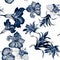 Navy Hibiscus Set. Indigo Flower Painting. Blue Watercolor Plant. Azure Floral Painting. Seamless Wallpaper. Pattern Foliage. Trop