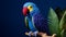 Navy Knitted Parrot Toy On Branch - Realistic Animal Portrait
