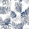 Navy Monstera Pattern Decor. Seamless Painting. Blue Watercolor Backdrop. Tropical Illustration. Floral Decor. Summer Foliage.Vint