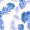 Navy Monstera Pattern Leaves. Seamless Palm. Indigo Watercolor Leaves. Tropical Backdrop. Floral Background. Summer Texture.Vintag