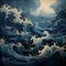 Navy Rococo Seascape Abstract: Japanese Folklore-inspired Castle Battling Stormy Waves