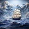 Navy Rococo Seascape Abstract: Paper Art Sailboat In Clouds On The Ocean