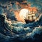 Navy Rococo Seascape Abstract Ship In Stormy Sea Stock Illustration