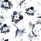 Navy Seamless Textile. Blue Pattern Painting. Azure Tropical Art. Cobalt Spring Nature. Gray Floral Exotic.