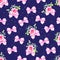 Navy seamless vector background with pink bows, rose flowers and