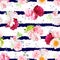 Navy striped print with bouquets of flowers