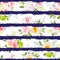 Navy striped print with bouquets of wild rose, peony, orchid, bright garden flowers and leaves