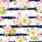 Navy striped print with bouquets of wild rose, peony, orchid, bright garden flowers and leaves