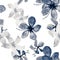 Navy Tropical Plant. White Seamless Painting. Blue Pattern Leaves. Azure Flower Texture. Gray Spring Painting.