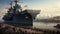 A Navy warship anchored in a harbor, with sailors lining the deck