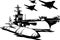 Navy - warship, carrier-based fighters and submarine. Militaristic ships. battleship vector illustration