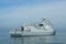 Navy warship running on sea in international fleet review drill