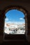 NAZARE, PORTUGAL - August 16, 2022: The view from church window ,central square of Nazare surrounded by the line of