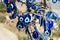 Nazars, Turkish Evil eye charms on the tree. Cappadocia. Turkey