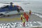 NCS, Norway-24th July 2011: Two Passengers embarking onto a Helicopter landed on a Seismic Ships helideck.