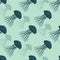 NDark navy blue jellyfish silhouettes seamless pattern. Light turquoise background. Simple aqua print