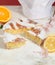 Neapolitan easter pie sprinkled with icing sugar and decorated with almond blossom and fresh fruits.