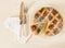 Neapolitan Easter pie with wheat and ricotta on white wooden table