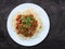 Neapolitan ragu with spaghetti overhead