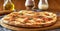 Neapolitan style margherita pizza on wooden peel