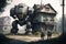 A near-futuristic rural village, machins , robot, buildings, people on the street, ai generative