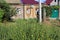 Near a small house with a red tiled roof grow yellow flowers.