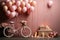 Near the wall there is a retro bike, candles, petals and balloons as a Valentine's Day gift