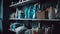 Neat arrangement of blue bottles on shelf generated by AI