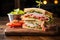 a neat halved clubhouse sandwich on a wooden board