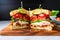 a neat halved clubhouse sandwich on a wooden board