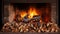 Neatly arranged firewood in front of a crackling fireplace, surrounded by stylish home furnishings