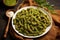 neatly arranged spelt pasta adorned with a spiral of pesto