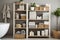 Neatly arranged towels and baskets with cosmetics on the shelves of an open cabinet in a modern bathroom