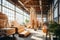 Neatly organized timber storage in spacious, well-lit warehouse with large windows