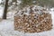 Neatly stacked pile of firewood in the winter