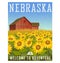 Nebraska travel poster. Sunflowers in front of old red barn.