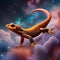 A nebula-born, fiery salamander leaping from one star to another amidst a backdrop of colorful cosmic clouds1