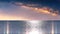 nebula starry sky Pink orange  sunset at night  dramatic cloudy  sky  at sea on  blue water moonlight reflection  seascape blue f