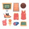 Necessary basketball things set. Lined sports court team red jersey and shorts orange sneakers basketball basket and