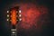 Neck, of an old, jazz electric guitar, on a red grunge background. Close-up. Copy space. Background for music festivals, concerts