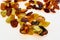 Necklace made of natural multi-colored amber. Solid translucent fossilized resin from extinct tertiary conifers. Decoration, beads