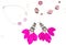 Necklace for women earrings with feathers pink white background