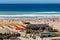 NECOCHEA, BUENOS AIRES, ARGENTINA - JANUARY 5, 2022: Aerial view of the main beach in the city.