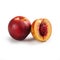 Nectarines, Pair â€“ Two Glossy-Skinned, Smooth, Cut Open, Halved Peach Variety