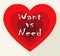 Need Versus Want Hearts Depicting Wanting Something Compared With Needing It - 3d Illustration