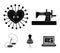 Needle and thread, sewing machine, pincushion, dummy for clothing. Sewing and equipment set collection icons in black