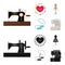 Needle and thread, sewing machine, pincushion, dummy for clothing. Sewing and equipment set collection icons in cartoon