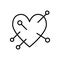 Needles in heart line icon. Heart with voodoo pin vector illustration isolated on white. Heart with straight pin outline