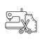 Needlework icon. Cartoon sewing machine, scissors, pattern. Linear pictogram of tailoring. Black illustration of cutting and